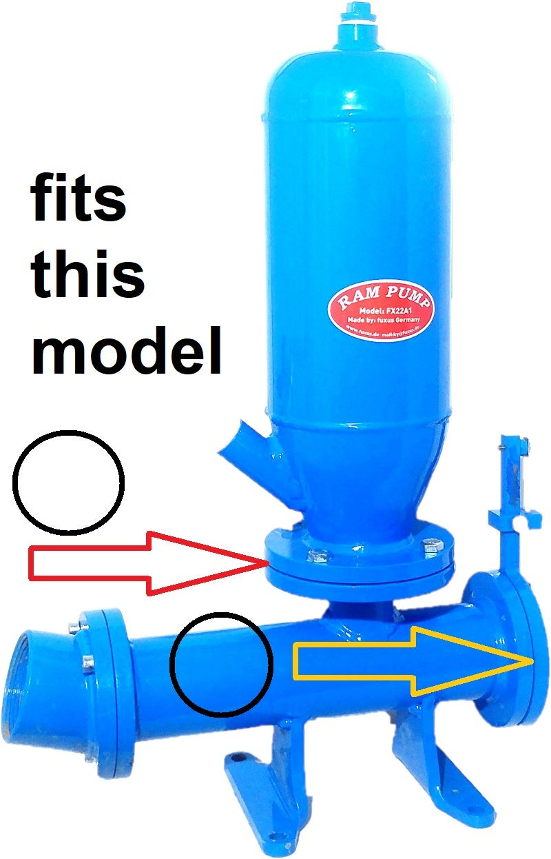 Fuxus original stainless steel valve for hydraulic ram water ram, fits this model ram pump with indications.