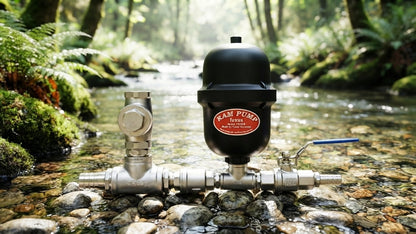 fuxus stainless steel midi-s hydraulic ram pump displayed near a peaceful stream in a forest setting.